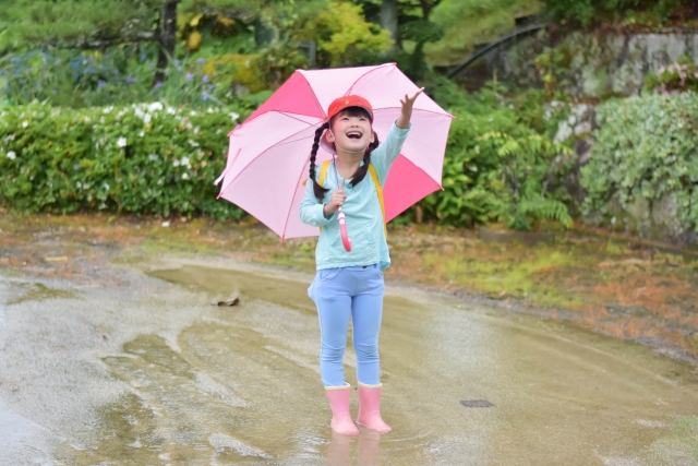 傘をさし長靴で水たまりに入る子供